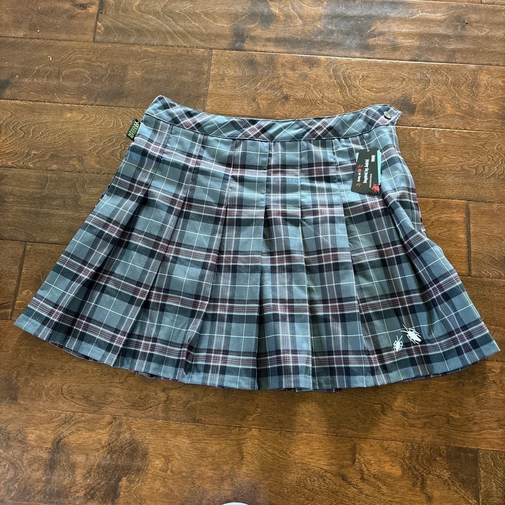 NWT Beetlejuice Plaid Pleated Pull On Mini Skirt Skort Gray Women's Size XL
